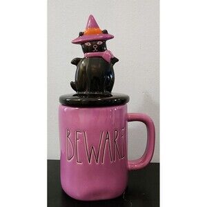 Rae Dunn "Beware" Purple Mug with Black Cat Witch Hat Topper Halloween